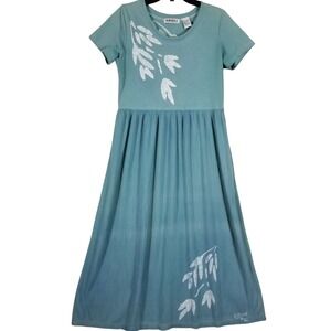 Sunbelt Women Teal Blue Batik Leaf Print Knit Woven Maxi Dress Large Made in USA